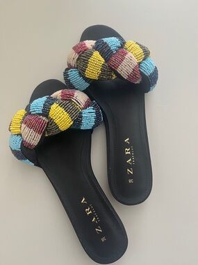 Zara Black Slide Sandals with Multicolor Beaded Braided Strap